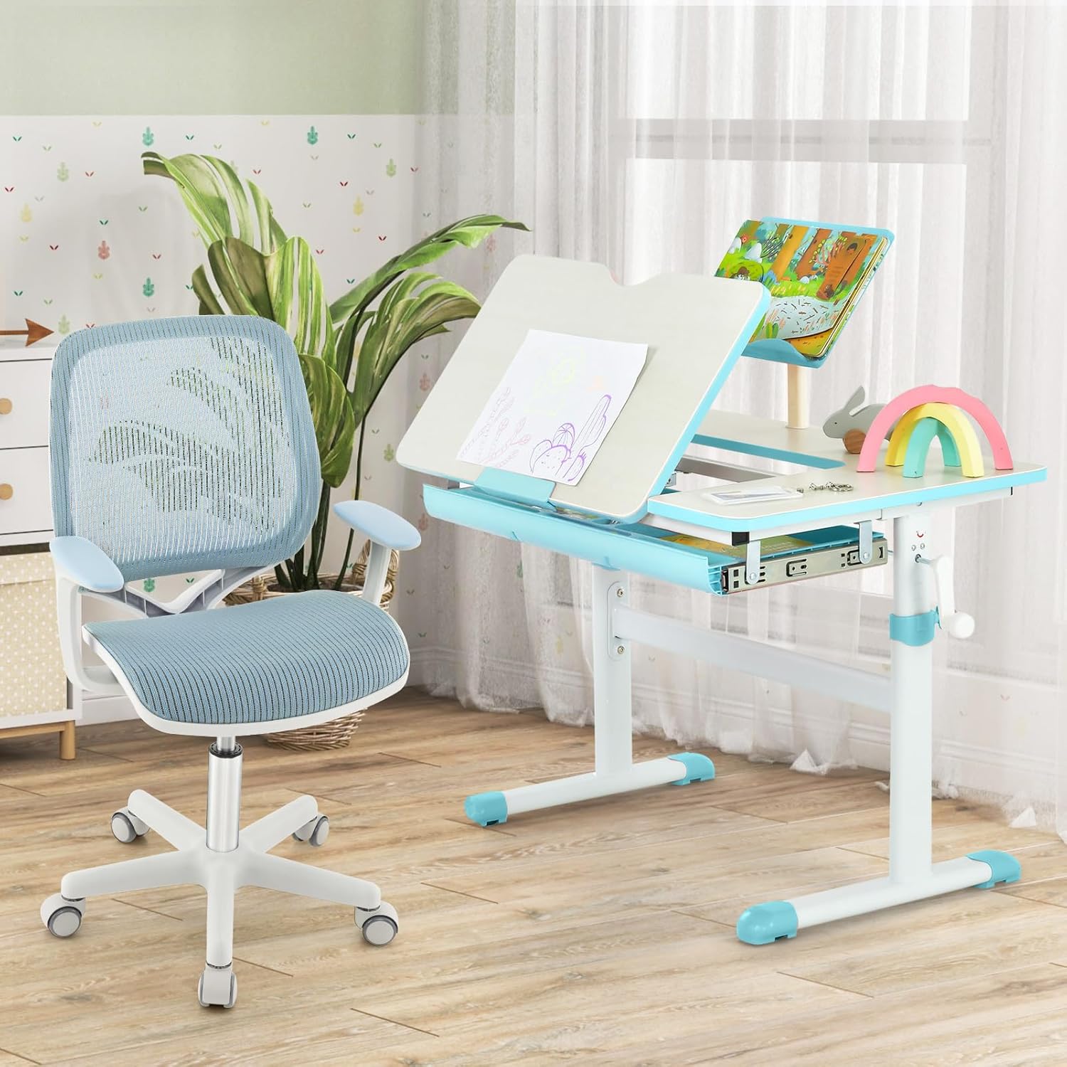 Sedia da Scrivania per Bambini, Sedia Girevole per Computer con Altezza Regolabile, Ruote con Freno, Braccioli Morbidi, Mobile Ergonomica per Bambini 6-15 Anni (Blu)
