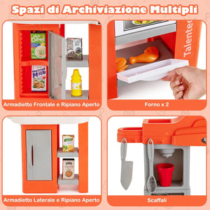 Cucina Giocattolo con Set di Accessori Cibo e Utensili, Cucina per Bambini con Suoni e Luci, Lavandino, Rubinetto, Scaffali, Forni e Fornelli, per Bambini 3+ Anni (Arancione)