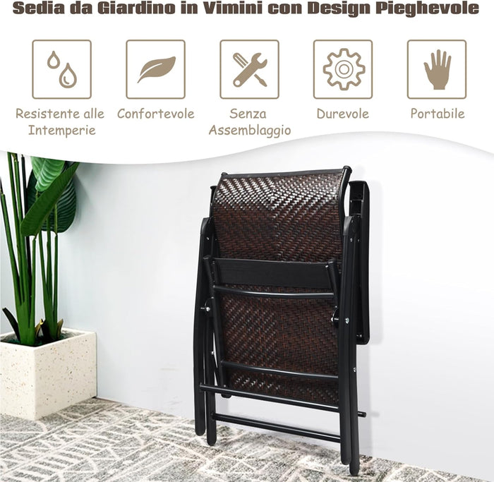 Set di 2 Sedie Pieghevoli in Rattan, Sedie Portatili in Vimini con Braccioli e Schienale Alto Regolabile, Ideale per Casa Cortile Giardino Balcone, Carico Massimo: 102 kg