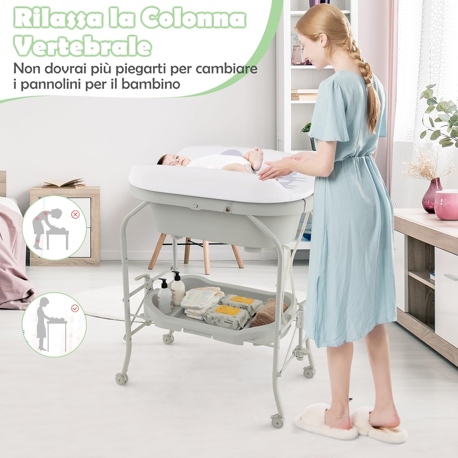 Fasciatoio con Vaschetta da Bagno per Neonati, Fasciatoio Pieghevole Salvaspazio con Materassino in PVC e Ruote, per Bambini 0-12 Mesi, Portata 15kg+35 kg (Grigio Chiaro)