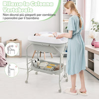 Fasciatoio con Vaschetta da Bagno per Neonati, Fasciatoio Pieghevole Salvaspazio con Materassino in PVC e Ruote, per Bambini 0-12 Mesi, Portata 15kg+35 kg (Grigio Chiaro)