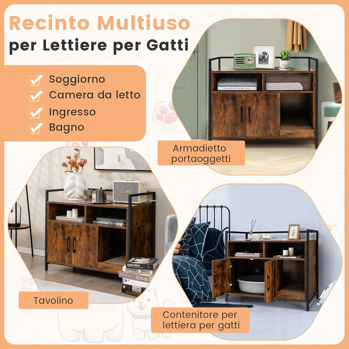 Mobile per Lettiera Gatti con Ripiani Aperti e Ripiani Chiusi con Maniglie, Mobiletto Multiuso per Ingresso e Soggiorno, 82,5 x 51 x 51 cm, Portata 50 kg (Marrone)