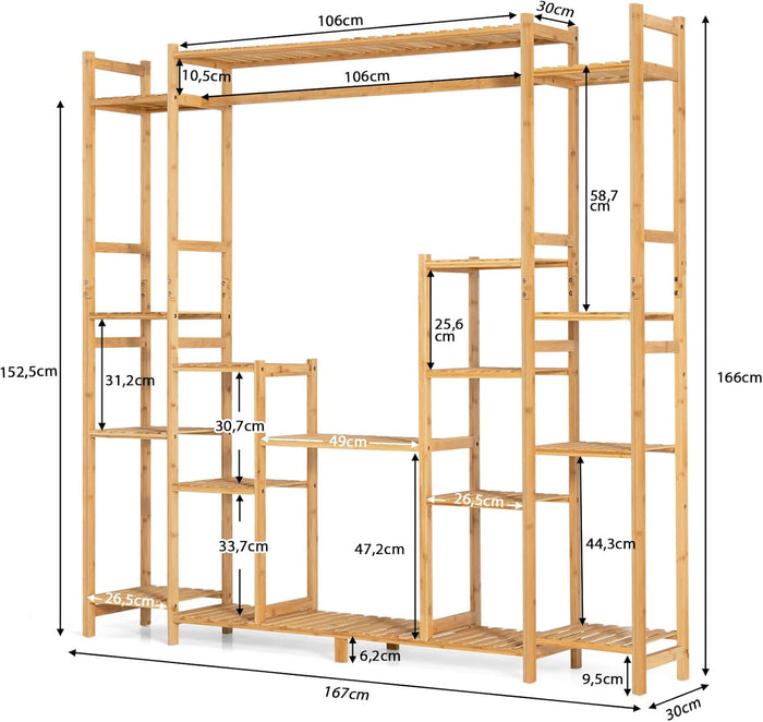 Scaffale per Piante in Bambù a 9 Livelli, Porta Fiori da Interno ed Esterno, Porta Vasi 2 in 1 con Barra e Dispositivo Antiribaltamento, 167 x 30 x 166 cm