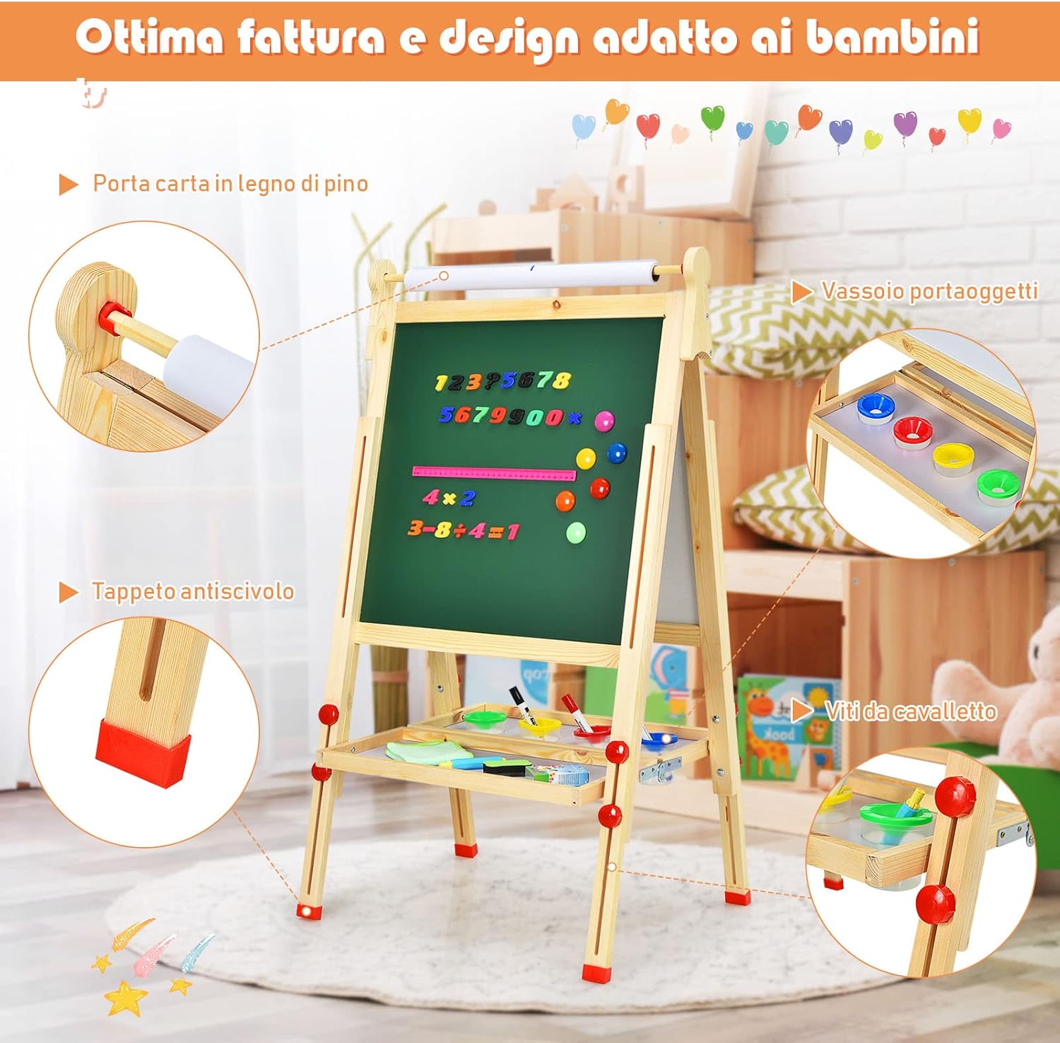 Cavalletto Artistico per Bambini, Cavalletto 3 in 1 con Dobbia Faccia, con Mensola e Rotolo di Carta, Accessori Completi, Cavalletto con Altezza Regolabile per Bambini