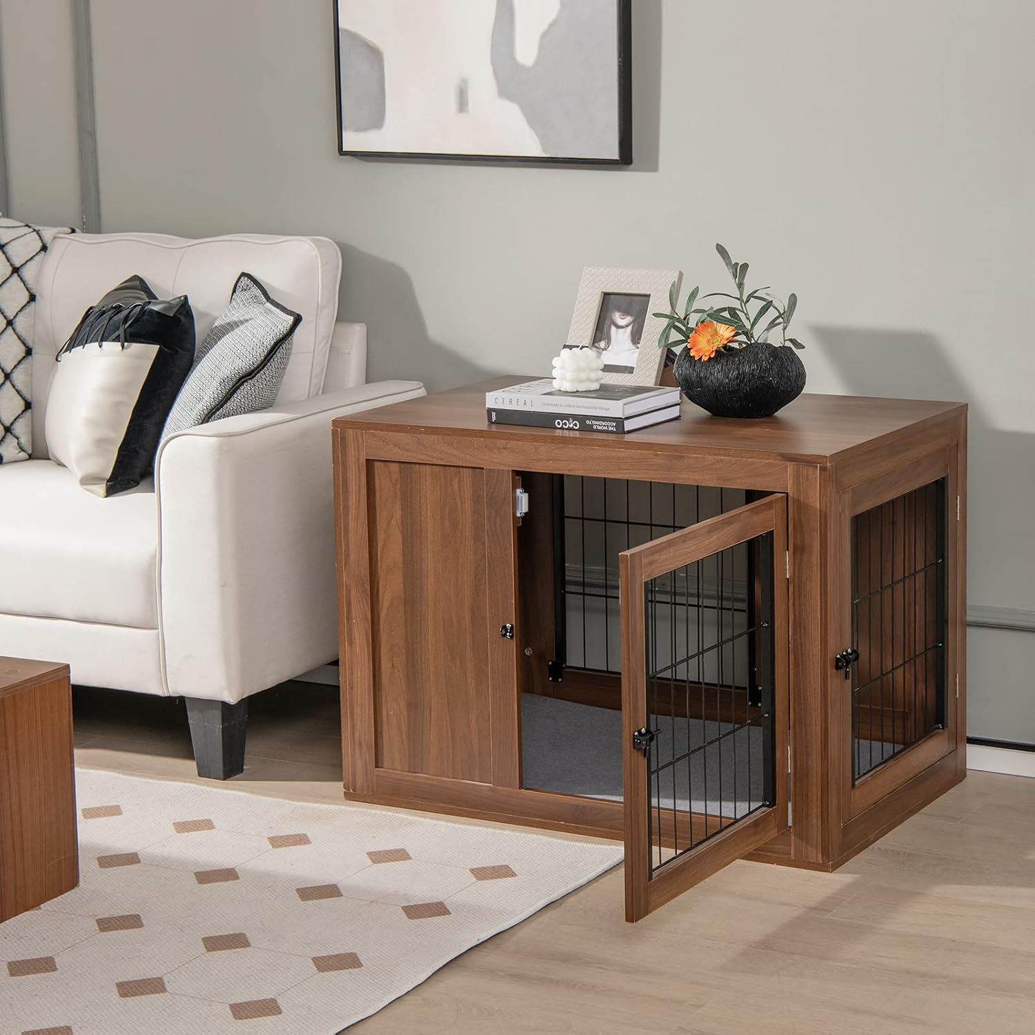 Gabbia per Cani con Doppie Porte Bloccabili, Cuccia in Legno per Cani con Cusino e Rete Metallica Antimorso, Kennel per Cani di Piccola e Media Taglia, per Uso Interno, 92 x 59 x 66,5 cm