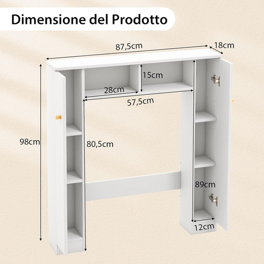 Scaffale Sopra WC, Mobile per Bagno con Doppia Anta, 2 Scomparti Aperti e 4 Ripiani Regolabili, Scaffale Salvaspazio da Terra per Bagno Lavanderia, 87,5x18x98 cm (Bianco)