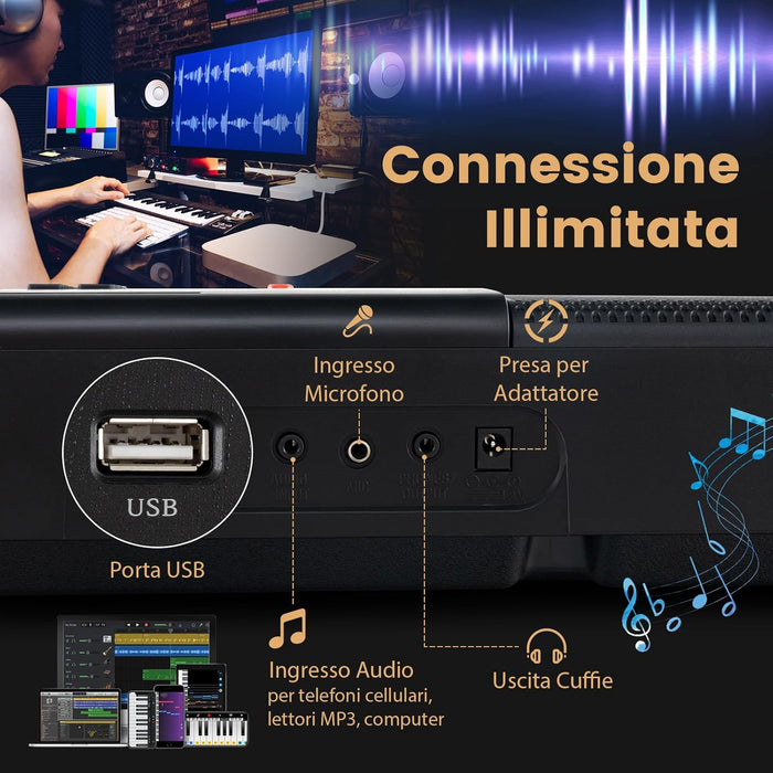 Set Pianoforte Elettronico Portatile a 61 Tasti, Pianoforte Digitale con 600 Timbri, 400 Ritmi, 50 Canzoni Demo, Pianoforte con Supporto e Sgabello, Tasti Luminosi, Microfono, Cuffie