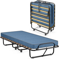 Brandina Pieghevole con Ruote Girevoli, con Materasso in Memory Foam, Lettino Pieghevole a Doghe 190x80 cm, Salvaspazio, Carico Massimo 130 kg (Blu)