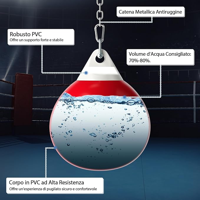 Sacco da Boxe per Bambini ed Adulti 50 kg, Sacco da Boxe ad Acqua con Catena Metallica Regolabile, Ganci, Fibbie di Assicurazione e Tubo dell’Acqua