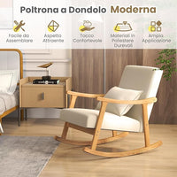 Sedia a Dondolo, Sedia Ergonomica Relax con Schienale Alto e Cuscino Seduta Imbottito, Struttura in Legno di Gomma Naturale e Cuscino Lombare Morbino, Poltrona Moderno per Soggiorno (Beige)