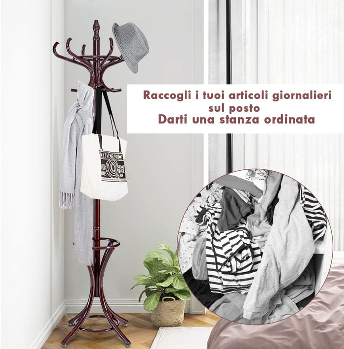 Attaccapanni da Terra Appendiabiti da Terra con 12 Ganci in Legno Ecologico, 51 x 51 x 184 cm