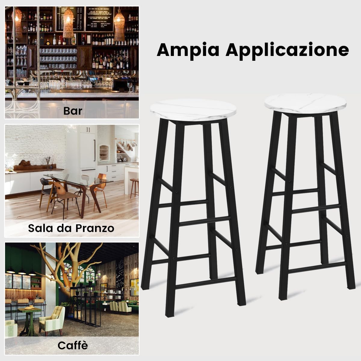 Set di 2 Sgabelli da Bar, Sgabelli da Cucina con Gamba Quadrata e Poggiapiedi, Sgabelli da Bar in Altezza da Pub, 29 x 29 x 71 cm (Bianco)