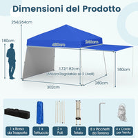 Gazebo Pieghevole 430 x 280 cm, Gazebo da Esterno con Pareti Laterali Convertibili in Tenda da Sole, 8 Picchetti, 4 Corde Antivento, Tendone Impermeabile per Feste (Blu)