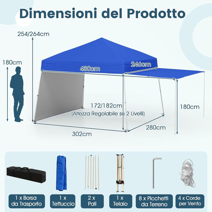 Gazebo Pieghevole 430 x 280 cm, Gazebo da Esterno con Pareti Laterali Convertibili in Tenda da Sole, 8 Picchetti, 4 Corde Antivento, Tendone Impermeabile per Feste (Blu)