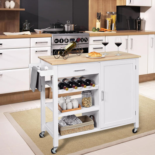 Carrello da Cucina con Ruote, Credenza Cucina con Cassetto Portabottiglie e Portasciugamani, Carrello Servizio in Legno, 100x48x90 cm (Bianco)