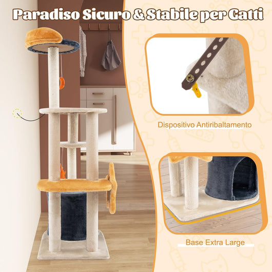 Tiragraffi per Gatti 128cm, Albero per Gatti da Interno, Torre Multi-Livello con Tiragraffi in Sisal, Gattiera, Piattaforma Superiore in Peluche e Giocattoli Appesi