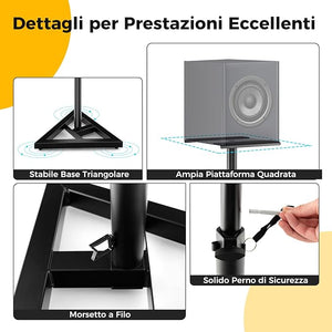 Supporti Regolabili in Metallo per Altoparlante da Terra, 2 Supporti per Casse con Base Triangolare Stabile, Adesivi Antiscivolo, Altezza Regolabile da 97-157 cm