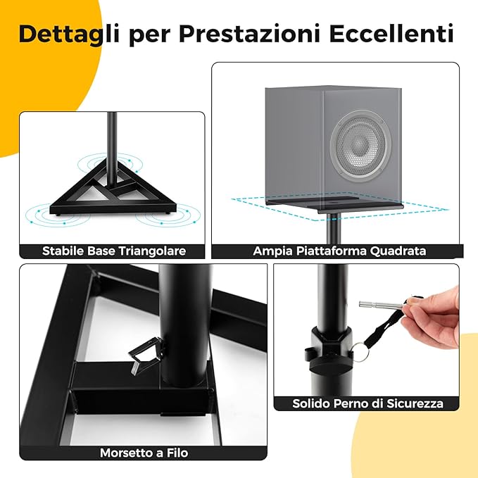 Supporti Regolabili in Metallo per Altoparlante da Terra, 2 Supporti per Casse con Base Triangolare Stabile, Adesivi Antiscivolo, Altezza Regolabile da 97-157 cm