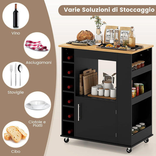 Carrello da Cucina con Ruote, Isola da Cucina con Scomparti Portabottiglie a 6 Scomparti, Portaspezie e Portasciugamani, 76x44x89 cm (Nero)