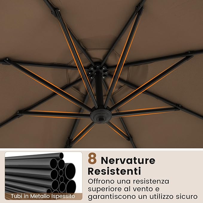 Ombrellone da Esterno 294 cm, Ombrellone con Rotazione a 360°, 5 Angoli di Inclinazione Regolabili, Base a Forma di Croce, 8 Stecche, Ombrellone per Giardino, Piscina, Cortile
