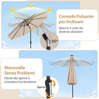 Ombrellone da Esterno 288 cm, con 96 Luci LED, Ombrellone Giardino con Inclinazione Regolabile, Manovella, 8 Stecche e Top Ventilato, Parasole da Mercato per Giardino Spiaggia (Beige)