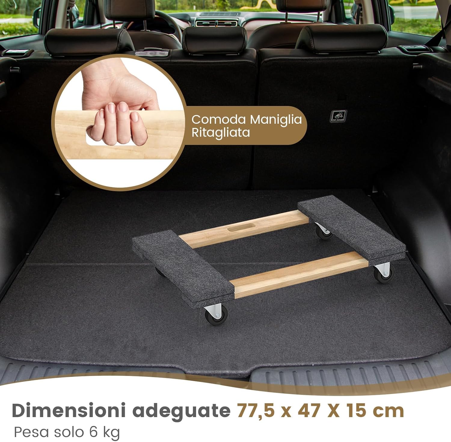 Base con Ruote in Legno di Acacia, Carrello a Pianale con Maniglia per Trasporto, concon Capacità di Carico di 450 kg, 77 x 47 cm (1)