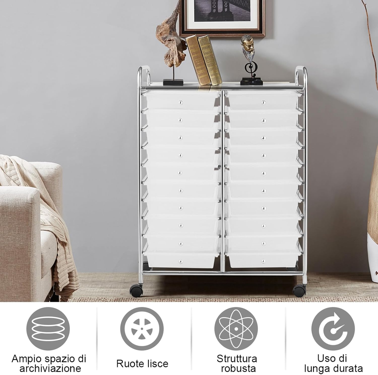 Carrello di Stoccaggio con 20 Cassetti, Carrello portaoggetti con 4 Ruote, Carrello Multiuso per Scuola Ufficio Cucina, 64 x 39 x 88 cm (Trasparente)