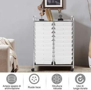 Carrello di Stoccaggio con 20 Cassetti, Carrello portaoggetti con 4 Ruote, Carrello Multiuso per Scuola Ufficio Cucina, 64 x 39 x 88 cm (Trasparente)