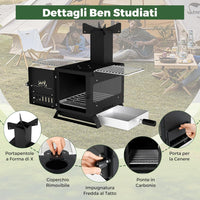 Barbecue a Carbonella, Stufa a Legna Portatile con Porta Pentole, Teglia da Forno e 2 Griglie, Grill da Esterno per Campeggio e Viaggio in Camper, Escursioni, 54 x 36 x 44 cm