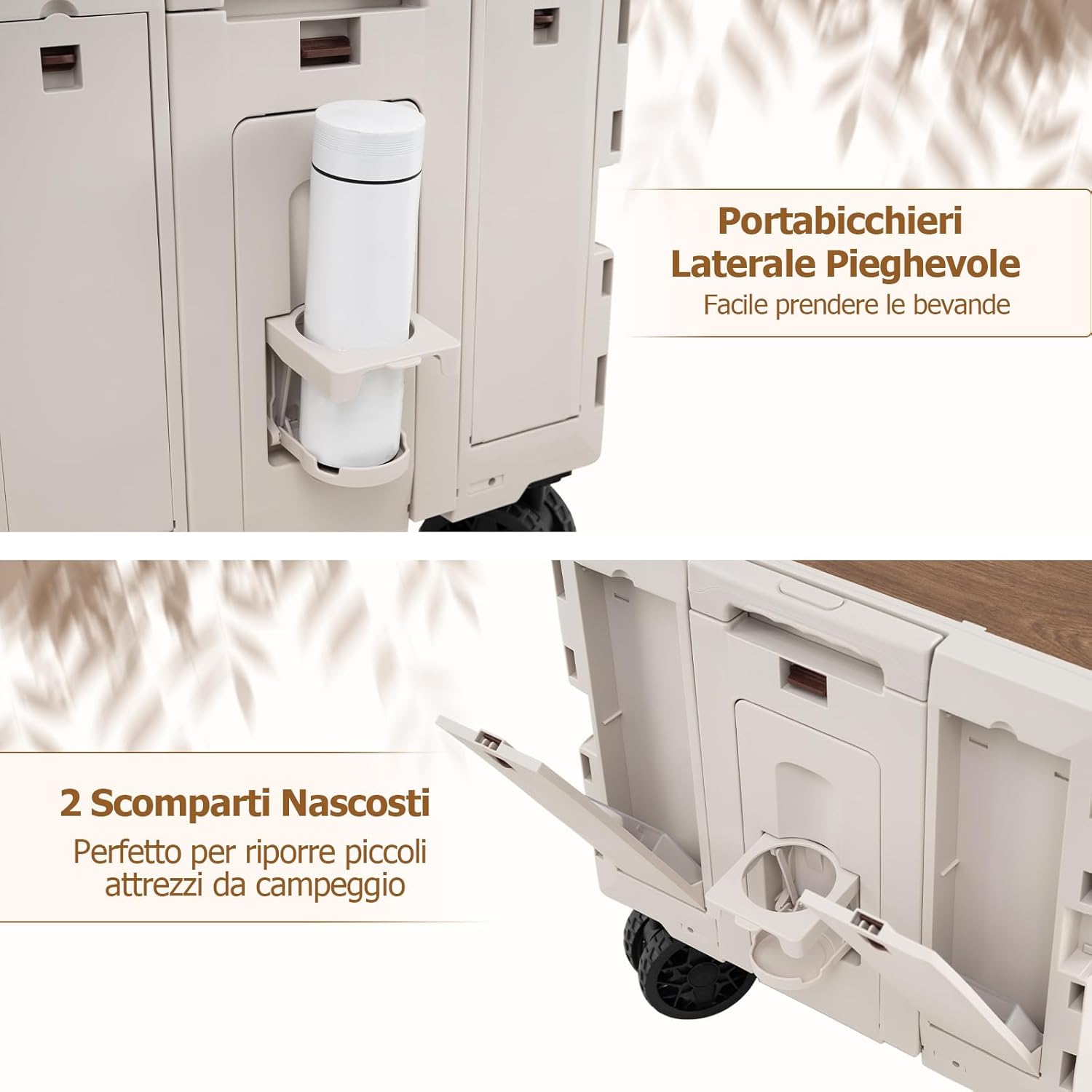 Carrello da Spiaggia Pieghevole 150 L, Carrello con Ruote Portatutto con Armadio a 2 Livelli e Manico Telescopico in Metallo, Carretto Giardino Portatile per Campeggio, Portata 120 kg (Bianco)