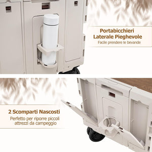 Carrello da Spiaggia Pieghevole 150 L, Carrello con Ruote Portatutto con Armadio a 2 Livelli e Manico Telescopico in Metallo, Carretto Giardino Portatile per Campeggio, Portata 120 kg (Bianco)