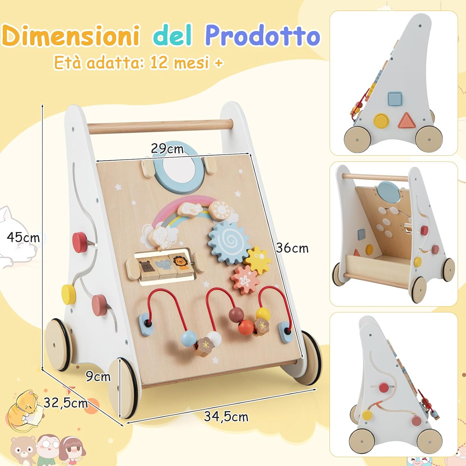 Carrello Primi Passi per Bambini 7 in 1, Girello per Bambini in Legno, con Giochi Educativi, per Bambini 1+ Anno