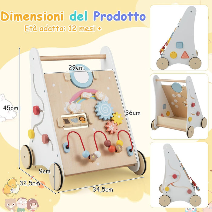 Carrello Primi Passi per Bambini 7 in 1, Girello per Bambini in Legno, con Giochi Educativi, per Bambini 1+ Anno
