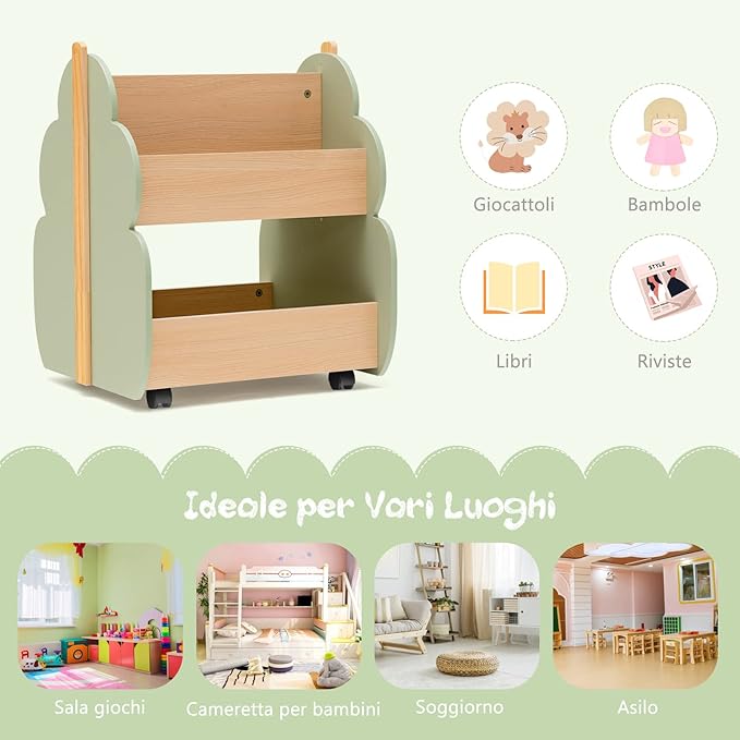 Libreria per Bambini in Legno, Scaffale di Stoccaggio a 2 Livelli per Bambini e Bambine, Organizzatore di Libri e di Giocattoli, Ideale per Caremetta e Nido, 52 x 46 x 62,5 cm (Verde)
