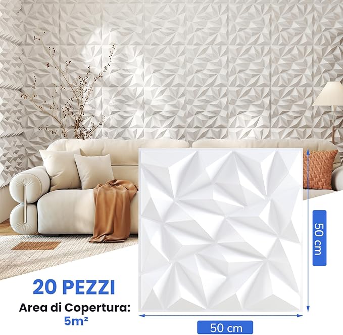 20 Pezzi 3D Pannelli Murali 50 x 50 cm, Pannello da Parete 3D Diamante, Decorazione Interna da Parete in PVC, 5 m², per Soggiorno Camera da Letto (5㎡,Bianco)