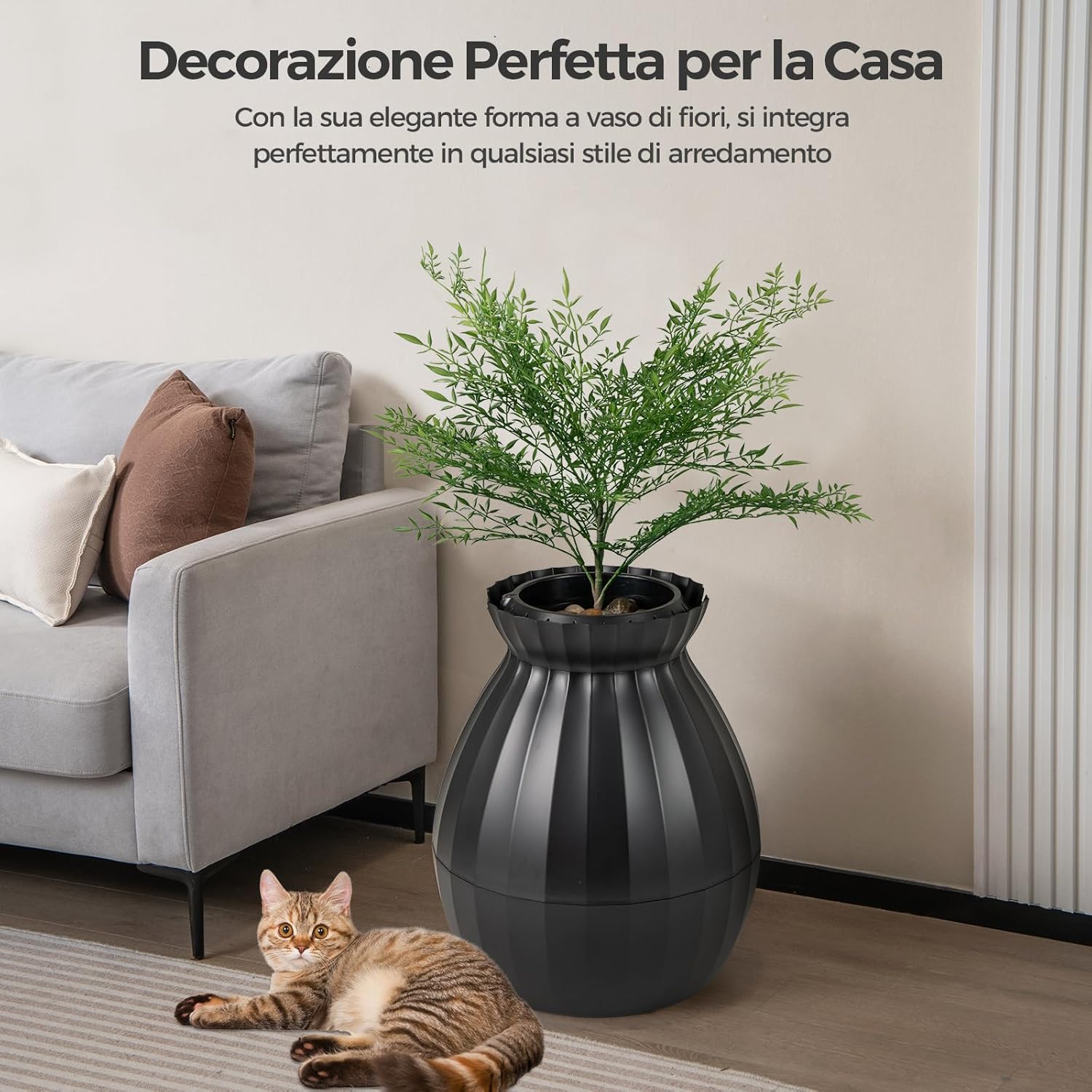 Lettiera per Gatti Smart con Rimozione Elettronica degli Odori e Sterilizzazione, Pianta Finta, Ciottoli, Tenda per la Porta, Paletta, Adatta per Gatti Grandi e Cuccioli (Nero)