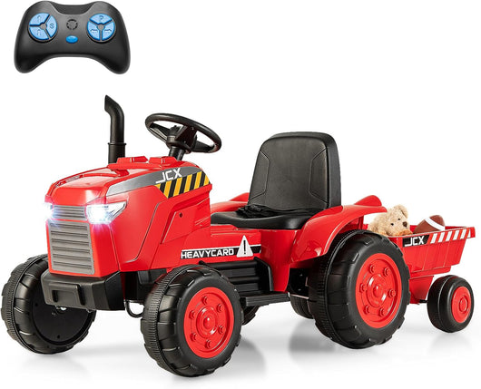 2 in 1 Trattore Elettrico per Bambini con Rimorchio, 12V Auto Giocattolo Cavalcabile con Telecomando Luci e Clacson, Regalo per Bambini 3-8 Anni, 2,5-3,5 km/h (Rosso)