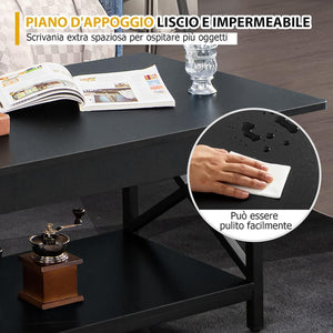 Tavolino da Salotto 2 Livelli, Tavolino da caffè Industriale con Struttura in Metallo a Forma di X, Tavolino Rettangolare per Soggiorno, Studio e Ufficio, 60 x 110 x 48 cm (Nero)