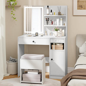 Set Tavolo da Toeletta con Luci, Set Tavolo e Sgabello con Stazione di Ricarica, Ripiano Regolabile, Luci a 3 Colori, Cassetto, Consolle Toeletta con Sgabello Portaoggetti, 90 x 40 x 135,5 cm