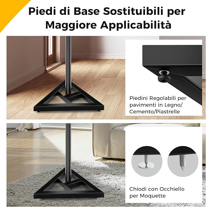 Supporti Regolabili in Metallo per Altoparlante da Terra, 2 Supporti per Casse con Base Triangolare Stabile, Adesivi Antiscivolo, Altezza Regolabile da 97-157 cm