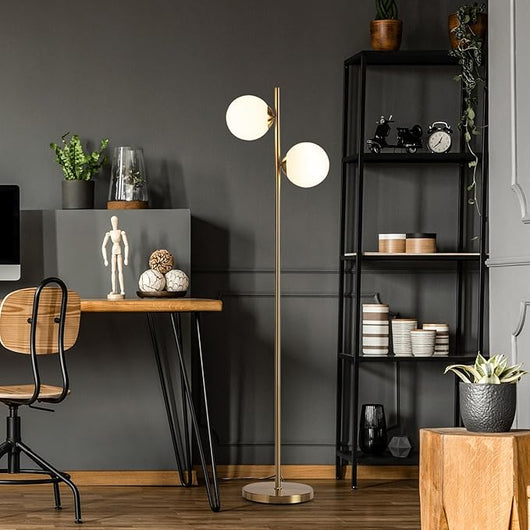 Lampada da Terra, Lampada a Stelo con 2 Sfere in Vetro Opalino e Interruttore a Pedale, Piantana LED da 12W per Soggiorno, Camera da Letto e Studio