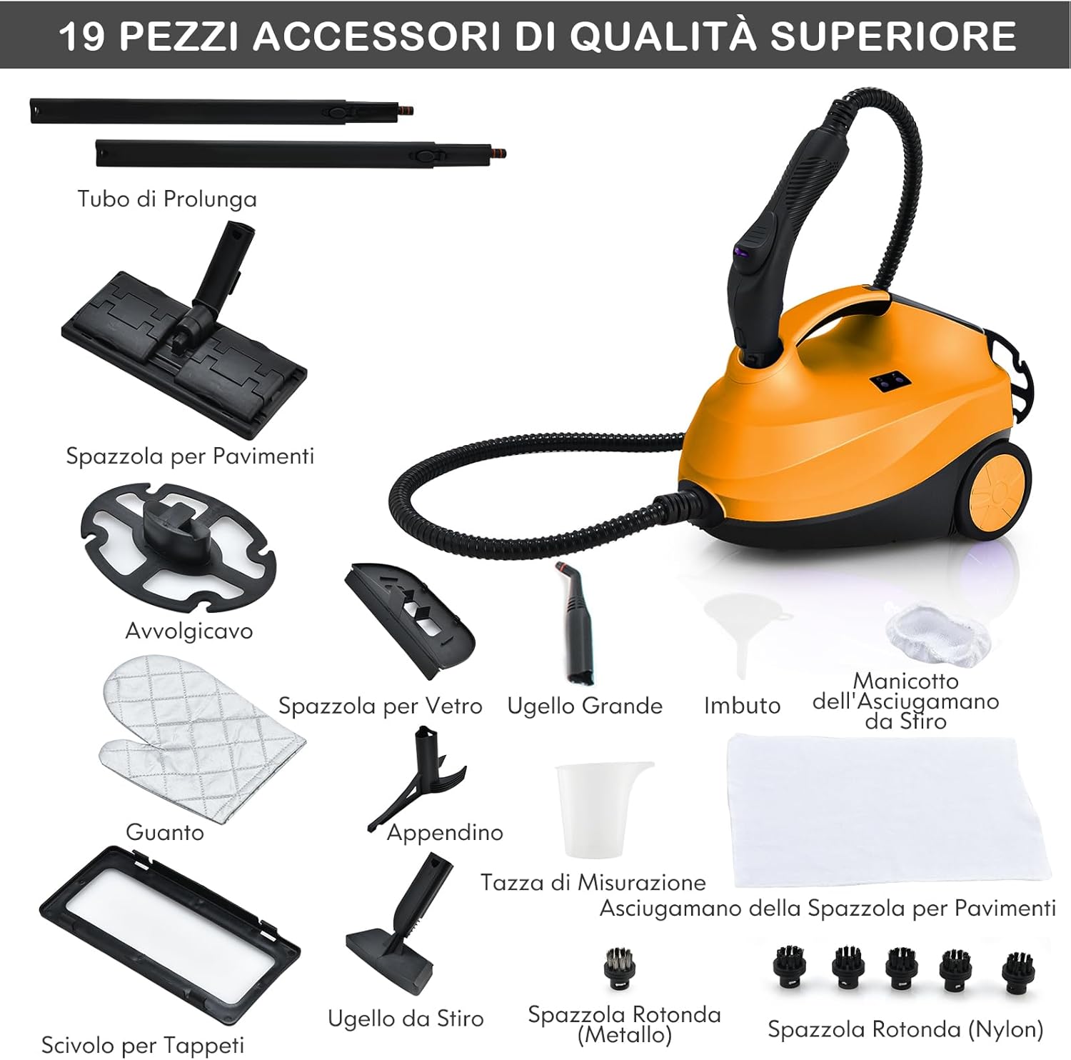 2000W Pulitore a Vapore con 19 Accessori e Serbatoio da 1,5L, Vapore per Tappeti, per Pulizie Profonde Pavimenti Finestre e Macchine (Arancia)