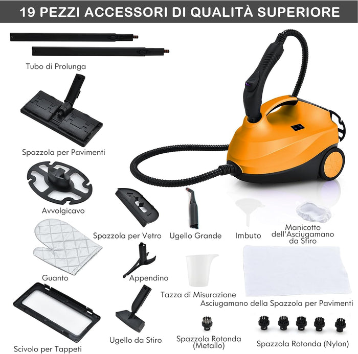 2000W Pulitore a Vapore con 19 Accessori e Serbatoio da 1,5L, Vapore per Tappeti, per Pulizie Profonde Pavimenti Finestre e Macchine (Arancia)