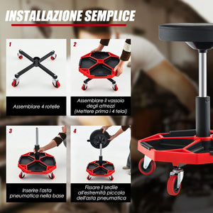 Sgabello da Officina con Ruote, con Ripiano per Attrezzi e Viti, Portata di 150 kg, Altezza Regolabile e Girevole, Sedia Meccanico per Garage, Officina