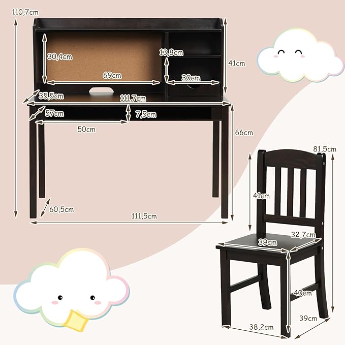 Set Scrivania e Sedia per Bambini 5-12 Anni, Tavolo in Materiale Sicuro con Bacheca in Sughero, 2 Cassetti e Spazio Ampio, Design Moderno, Ideale per Studio e Disegno (Nero)