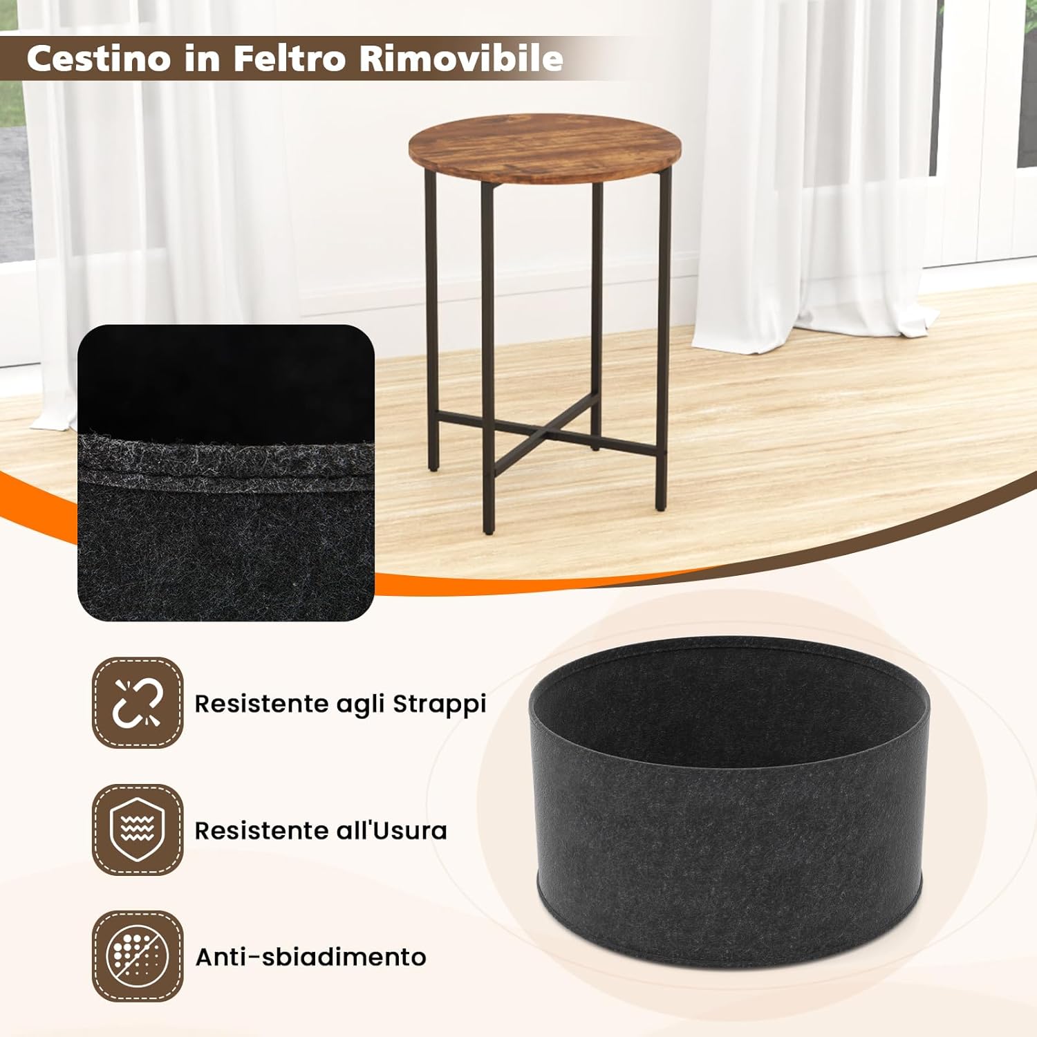 Tavolino Rotondo per Piccoli Spazi, Tavolino a 2 Ripiani con Cestino in Tessuto Rimovibile e Struttura in Metallo, Tavolino da Salotto, Camera da Letto e Studio (Marrone)