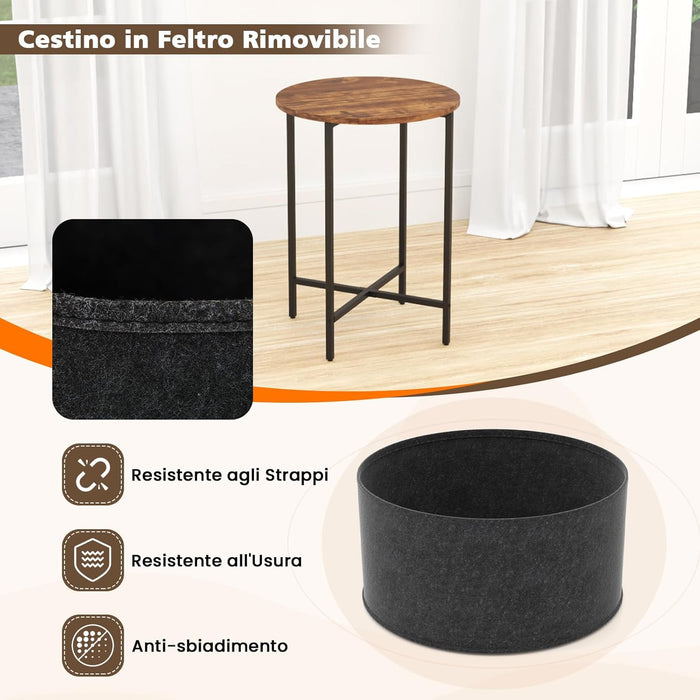 Tavolino Rotondo per Piccoli Spazi, Tavolino a 2 Ripiani con Cestino in Tessuto Rimovibile e Struttura in Metallo, Tavolino da Salotto, Camera da Letto e Studio (Marrone)