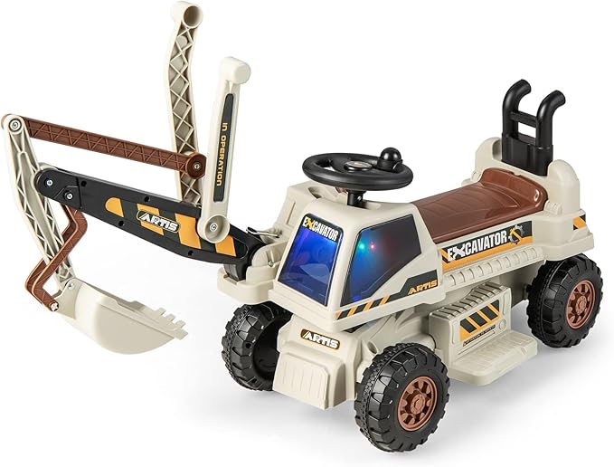 Escavatore Cavalcabile per Bambini, Ruspa Cavalcabile con Sedile Scomparto Portaoggetti, Funzione di Musica e di Educativa, Regalo per Bambini 3 Anni+ (Grigio)