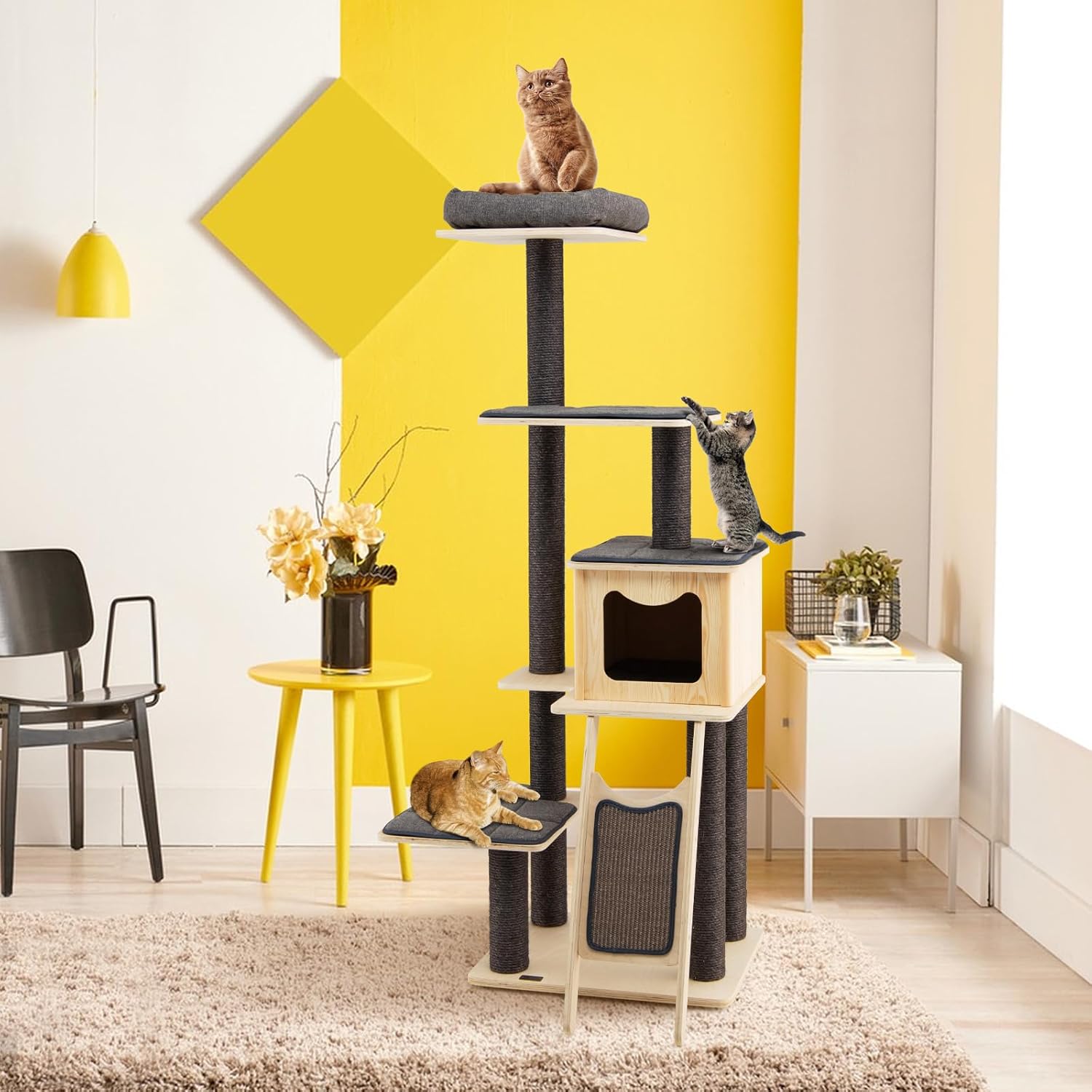 Albero Tiragraffi per Gatti Alto 175CM con Pali Sisal e Rampa Tiragraffi, Tiragraffi per Gatti Moderna a 6 Livelli con Cuscinetti Nicchia Trespolo, per Gatti Adulti e Gattini