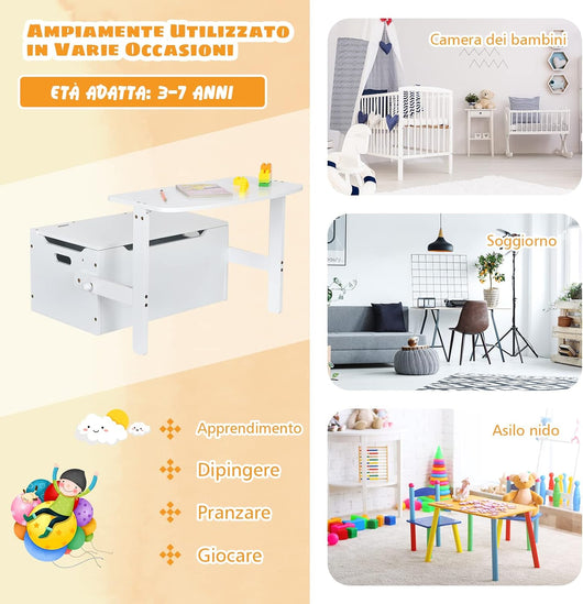 Cassapanca Contenitore 3 in 1 per Bambini Trasformabile in Legno con Scatola dei Giocattoli, Tavolo bambini con Sedie Multifunzione per 3-7 Anni (Bianco)